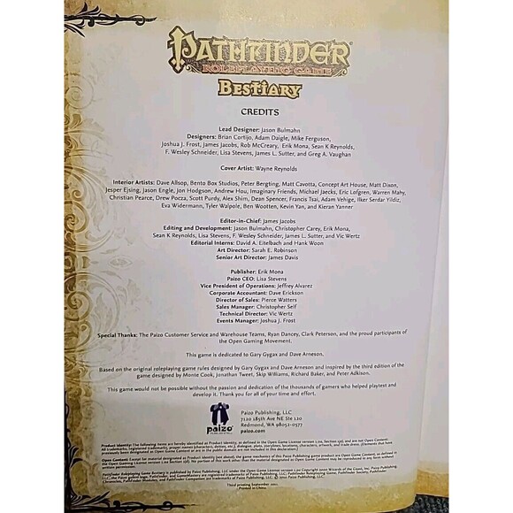 Paizo Pathfinder Bestiary Third Printing 2011 D&D - Picture 3 of 5